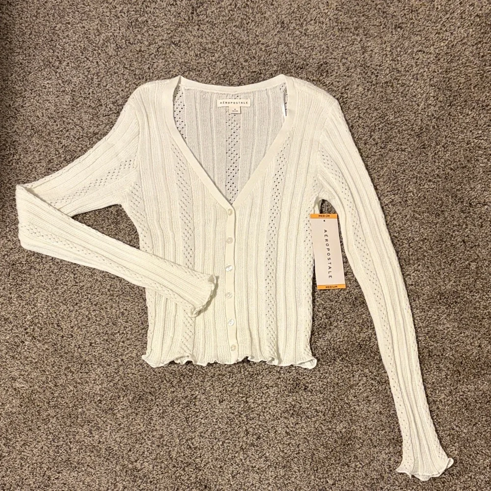 Aeropostale Light Ivory Open-Knit Button Cardigan